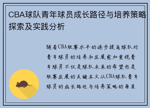 CBA球队青年球员成长路径与培养策略探索及实践分析
