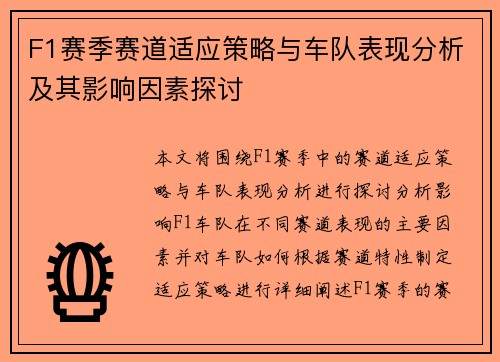 F1赛季赛道适应策略与车队表现分析及其影响因素探讨