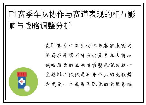 F1赛季车队协作与赛道表现的相互影响与战略调整分析