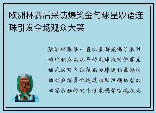 欧洲杯赛后采访爆笑金句球星妙语连珠引发全场观众大笑