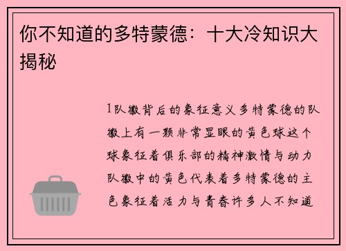 你不知道的多特蒙德：十大冷知识大揭秘